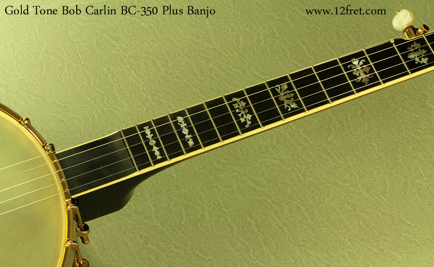 The Gold Tone Bob Carlin Signature Series BC-350 Plus Banjo is a work of art; an upgraded version in triple plated gold hardware and historic Orpheum style vintage inlay.  As with the standard BC-350 model the Plus version uses a 12